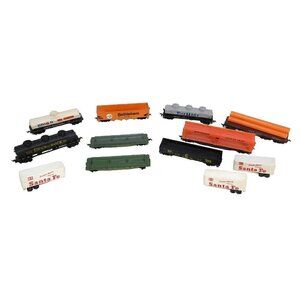 12 Model train plastic tankers, coal cars & piggy back HO gauge vintage "as is"